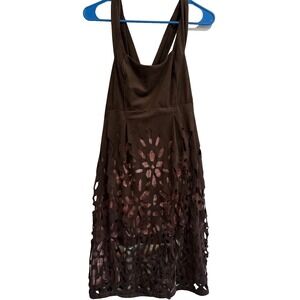 Legatte Jeans Save the Queen Italian Abstract Brown Suede Midi Dress Straps Sz 6